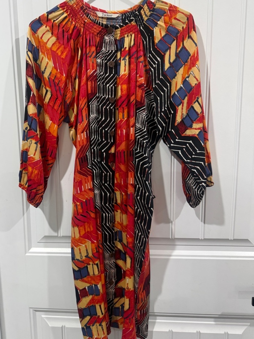 Boho, Retro, MIDI, Multicolor Abstract Button-Front Dress